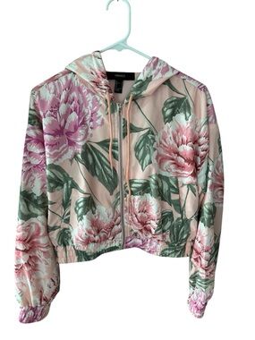 Forever 21 Pink Floral Hooded Bomber Jacket